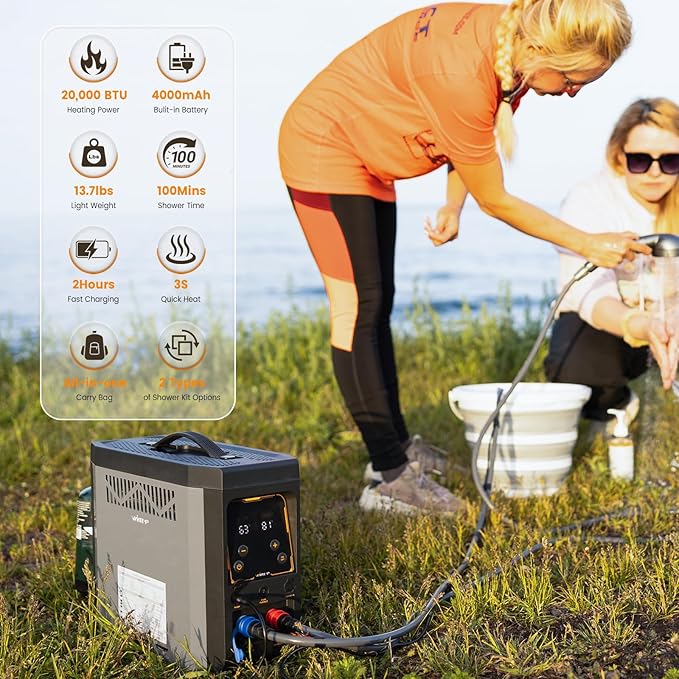 GPT3U Portable Propane Water Heater – Instant Hot Water, Constant Temperature Control, Rechargeable Battery, Safety Protections – Ideal for Camping, Hiking, Beach & Outdoor Adventures
