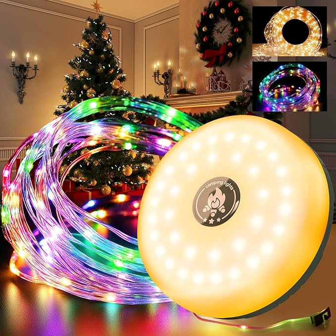 Camping String Lights 32.9FT/10 M Rollable, USB Portable Rechargeable Camping LED String Lights for Hiking Travel AWN Tent Yard Garden Decoration and Holiday Gift-Color
