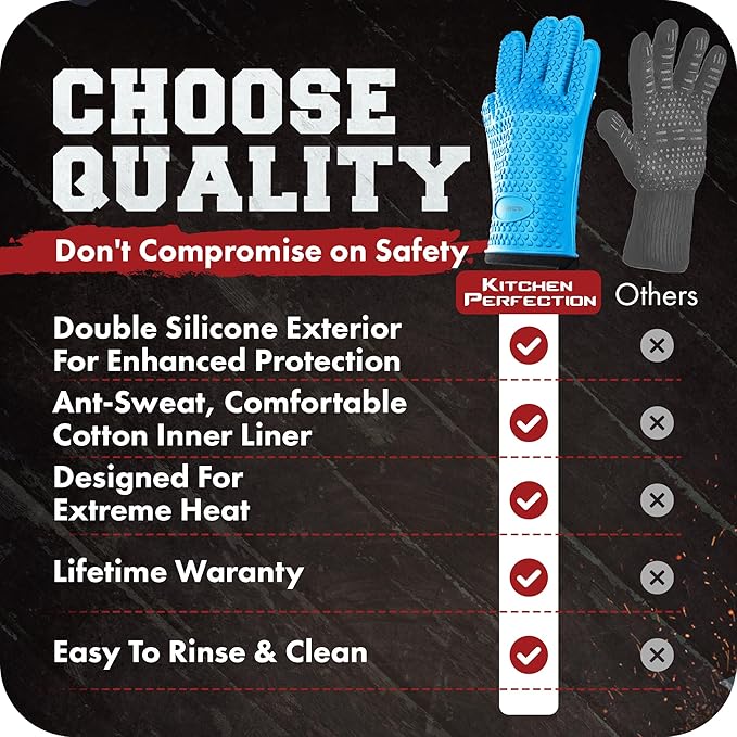 KITCHEN PERFECTION S Silicone Smoker Oven Gloves -Extreme Heat Resistant BBQ Gloves -Handle Hot Food Right on Your Grill Fryer Pit|Waterproof Oven Mitts |Superior Value Set+3 Bonuses