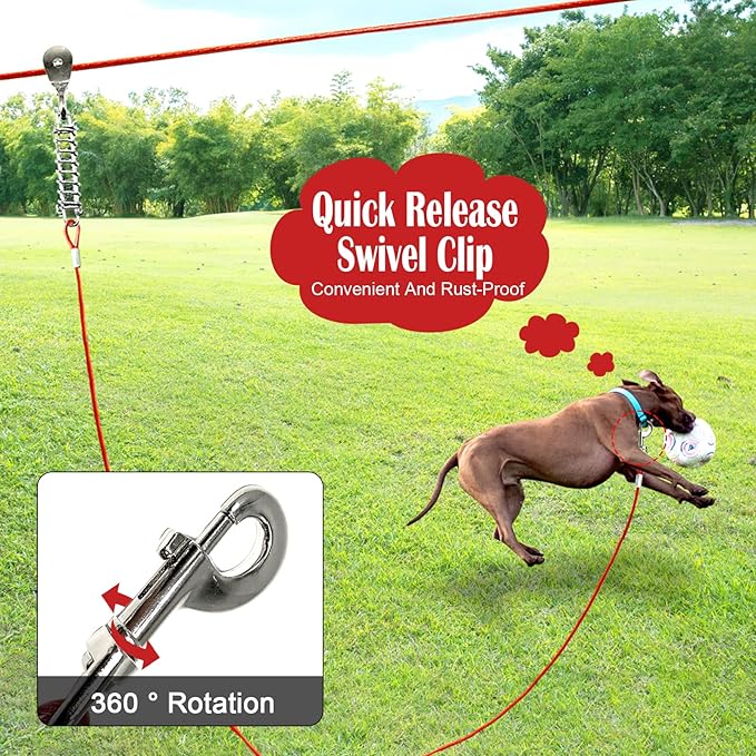 100FT Dog Runner for Yard with 10FT Tie Out Cable - Heavy Duty Trolley System for Large Dogs Up to 250LBS, Backyard/Park/Camping Use (Red, 100FT+10FT)