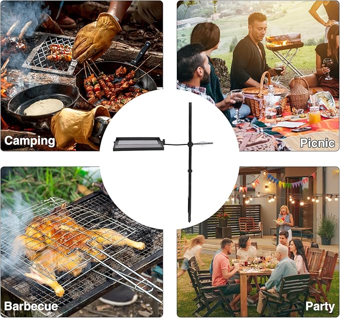 Lineslife Swivel Campfire Grill Grate and Griddle, Adjustable Fire Pit Grill Grate Over Fire Pit, Camp Fire Cooking Grate with Carrying Bag for Outdoor Camping BBQ, Rectangle Black
