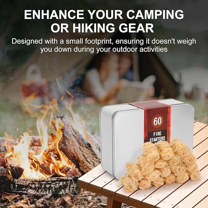 60 pcs Charcoal Starters Fire Starter for Fireplace, Pellet Stove, Wood, Campfires, BBQ, Pizza Oven, Fire Pit Natural Fire Starters with Aluminum Box Protection for Grill Smoker