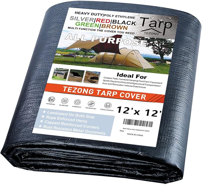 TEZONG Tarps Heavy Duty Waterproof 12x12ft,Black Plastic Tarps Large Multipurpose Outdoor Tarp Cover Thick Poly Tarpaulin 16MIL for Emergency Rain or Sun, Roof, Patio Furniture, Firewood, Canopy