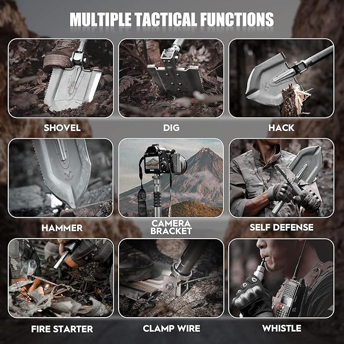 Zune Lotoo Survival Shovel Military Grade High Carbon Steel, 18 in 1 Multifunctional Folding Tactical Shovel Camping Gear for Men Outdoor Hiking Backpacking Off-Road Spade Emergency