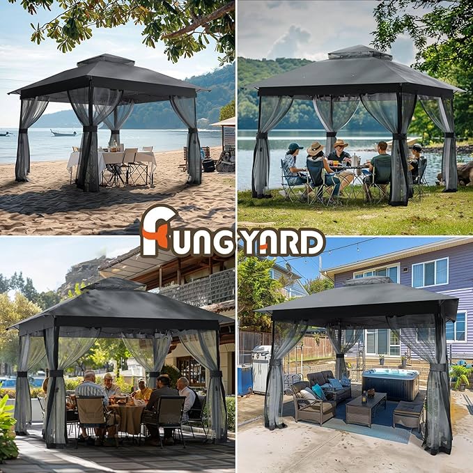 Outdoor Pop Up Gazebo 10x10 - Instant Canopy Tent with Mosquito Nettings, Double Roof Vented Gazebos Tents Shelter for Backyard Shade Party Garden Lawns (Gray, 10x10)