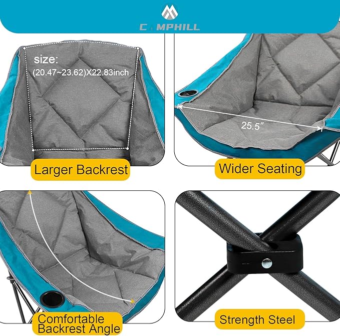 Folding Camping Chair,Oversized Portable Camping Chair with Cup Holder and Phone Holder,Heavy Duty Padded Lawn Chair for Camping,Tailgates,Beach,and Sports,Lake Blue