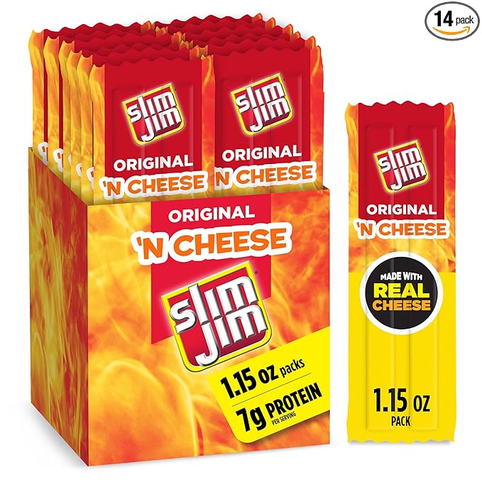 Slim Jim Beef 'N Cheese Smoked Meat Sticks, Original Flavor, 7g Protein Per Serving, 1.15 oz. (14 Count)