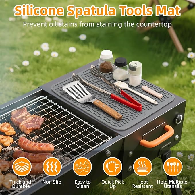 Silicone Grill Mat for Blackstone, Silicone Side Shelf Tool Mat, Outdoor BBQ Spatula Mat, with Drip Pad Kitchen Countertop Heat Resistant Mat, Griddle Accessories(Grey)