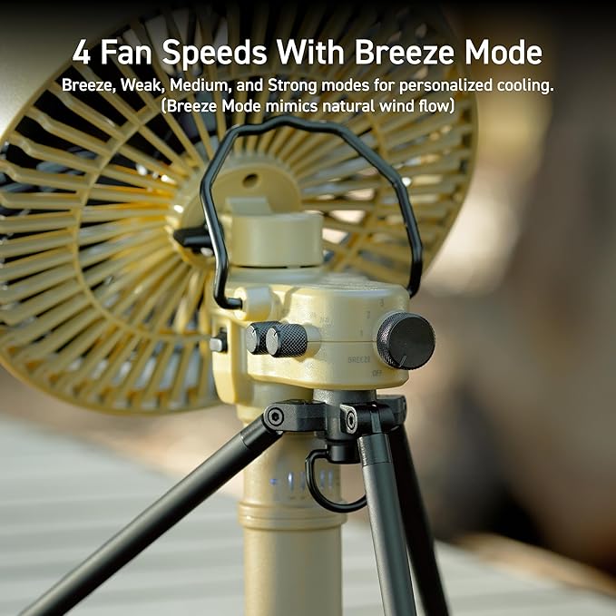 NESTOUT Outdoor Camping Fan with Tripod, 4 Speed Settings & Breeze Mode, 3 Angle Oscillation, 90° Adjustable Tilt, Auto Timer (30/60/90 mins), USB C Compatible, Portable Tent Fan (Black)