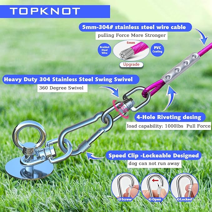 TOPKNOT Dog Tie Out Cable and Stake,(up to 200lbs) 15FT Heavy Duty Cable,360°Swivel Run Anchor- No Tangle,Dog Runner for Yard,Ideal for Outdoor Camping