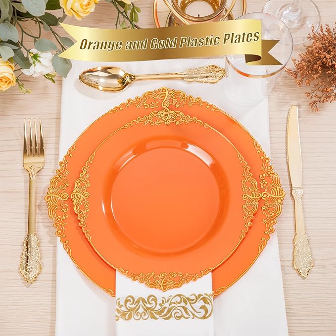 Nervure 175PCS Orange Plastic Plates - Orange and Gold Disposable Plates for 25 Guests Include 50Plates, 25Cups, 25Forks, 25Knives, 25Spoons, 25Napkins for Wedding & Party