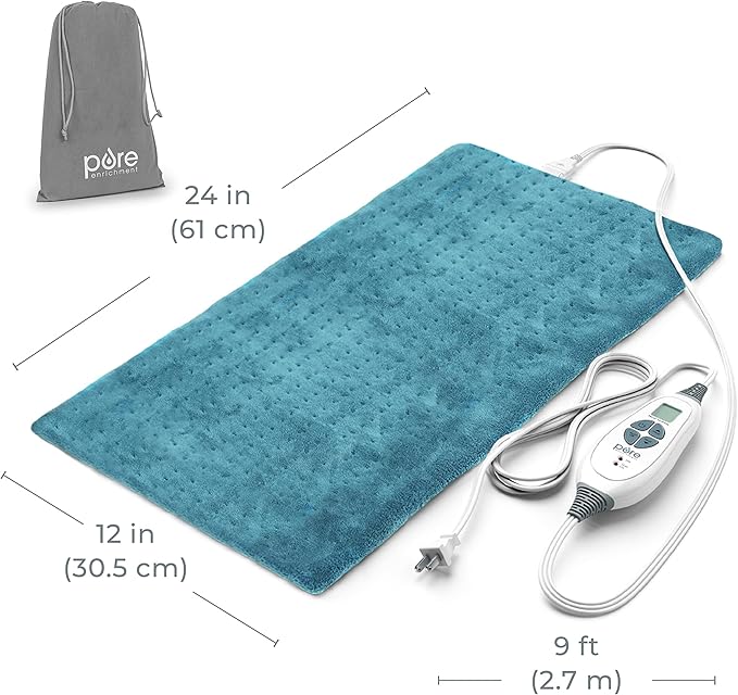 Pure Enrichment® PureRelief XL Heating Pad - 12" x 24" Electric Heating Pad for Back Pain & Cramps, 6 Heat Settings, Soft Machine Wash Fabric, Auto-Off & Moist Heat (Blue)