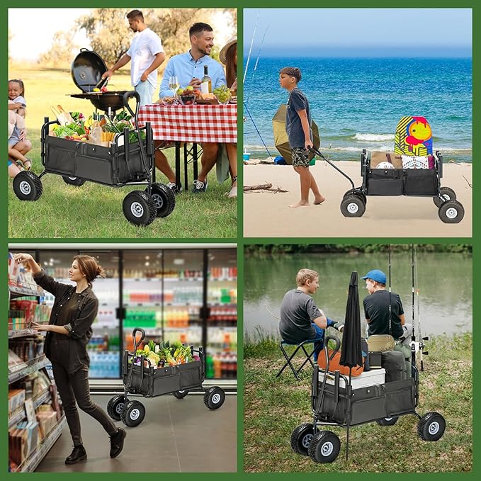 Fishing Cart Beach Cart Collapsible Wagon with 11”All Terrain Big Wheels,Heavy-Duty Garden Carts with 6 Holders and Storage Pocket for Outdoor,Fishing, Picnic