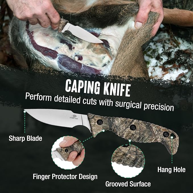 Mossy Oak Field Dressing Kit, 4 Pcs Camouflage Hunting Knife Set with Sheath, Gut-Hook Skinner, Caping Knife, Wood/Bone Saw, Knife Sharpener, for Deer Hunting, Camping, Perfect Hunting Gifts for Men