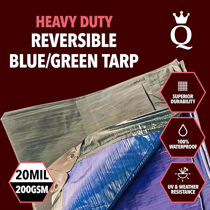 QUEEN OF TARPS | 10x12 Heavy Duty Tarp Waterproof, 120 GSM is 12 MIL, UV/Tear Resistant Tarp, Camping, Outdoor Furniture, Car, Tents, Painting, Firewood Protection | 10x12, Heavy Duty