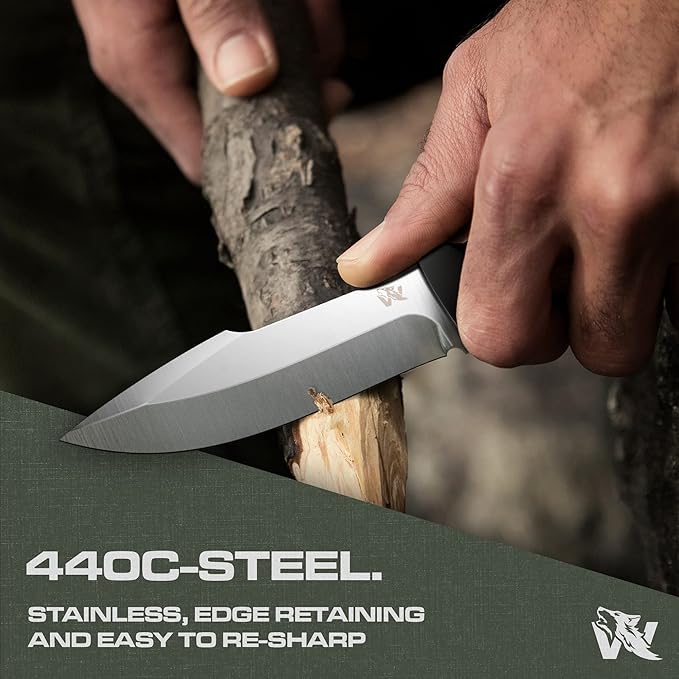 WOLF-I Full Tang Survival Knife with Sheath - Stylish Tactical Fixed Blade - Made of 440C Steel - Bushcraft and Camping Knife Survival - Perfect EDC Outdoor Knife with TPE Handle