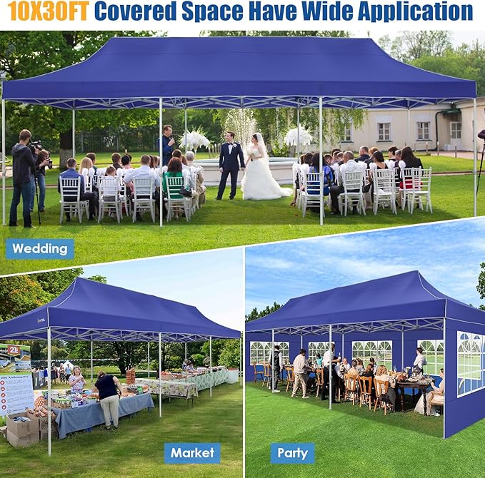 HOTEEL 10x30 Pop up Canopy Tent for Parties, Heavy Duty Easy Setup Tent with 8 Sidewalls, Outdoor Commercial Instant Gazebo for Wedding Event, with Portable Bag & Sand Bags, Dark Blue(Hexagonal Frame)