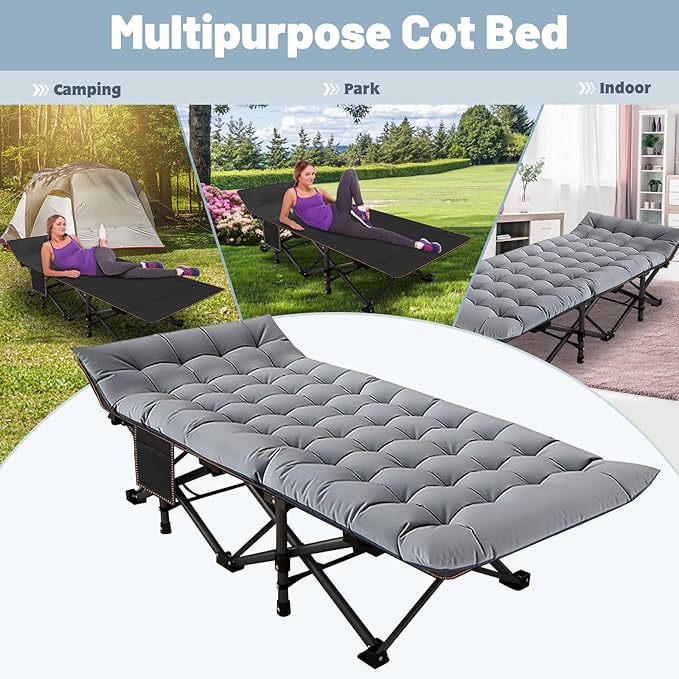Slsy Oversized XXL Folding Camping Cot for Adults with Pad, Padded Portable Sleeping Cots, Camp Bed with Carry Bag for Outdoor Travel, Beach, Hiking
