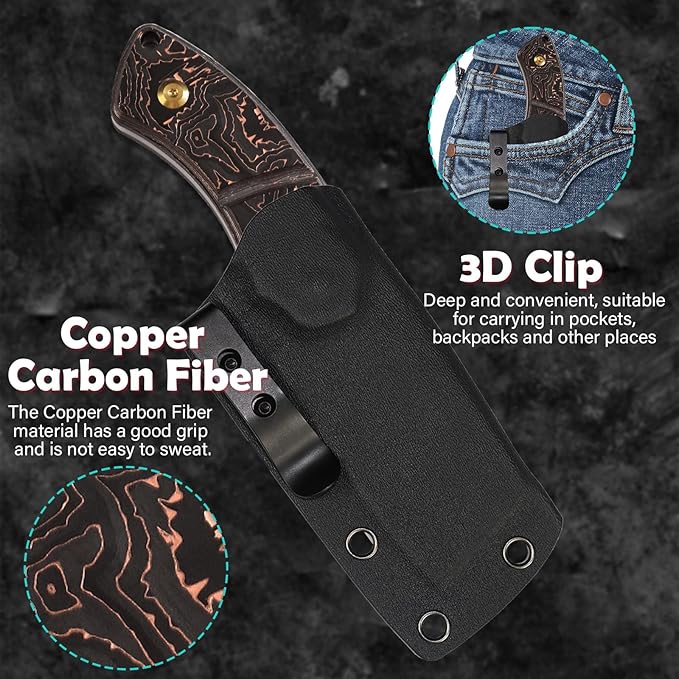 KANSEPT Knives Korvid S Fixed blade Hunting Camping Hiking Knife with 2.9'' CPM S35VN Blade Cleaver Copper Carbon Fiber Handle, Kydex Sheath for Men Women Everyday Carry G2030A7
