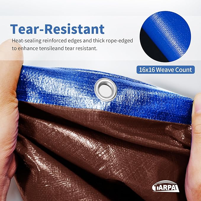 TARPAL 8x12ft Waterproof Heavy Duty Tarp 16Mil Thick with Metal Grommets Every 17.7" Large Multipurpose Tarp Tear-Resistant UV Protection Covers Roof, Pool,Car,Firewood&Outdoor Furniture(Blue/Brown)