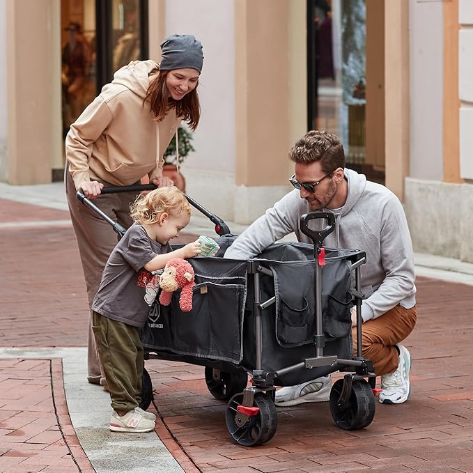 EVER ADVANCED Folding Push Wagon with Brakes, Portable Shopping Cart, Collapsible Wagon Cart with All-Terrain Big Wheels for Camping, Beach, Sports