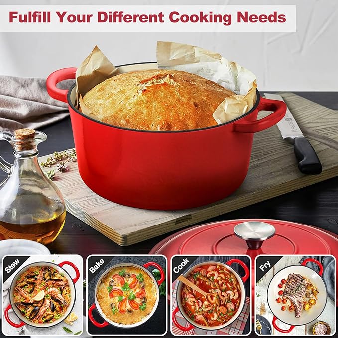 P&P CHEF 7QT Enameled Dutch Oven, Cast Iron Dutch Oven Pot with Lid for Bread Baking, Enameled Casserole Pot for Roasting Braising Stewing Frying Simmering, Various Stoves & Easy Clean, Red
