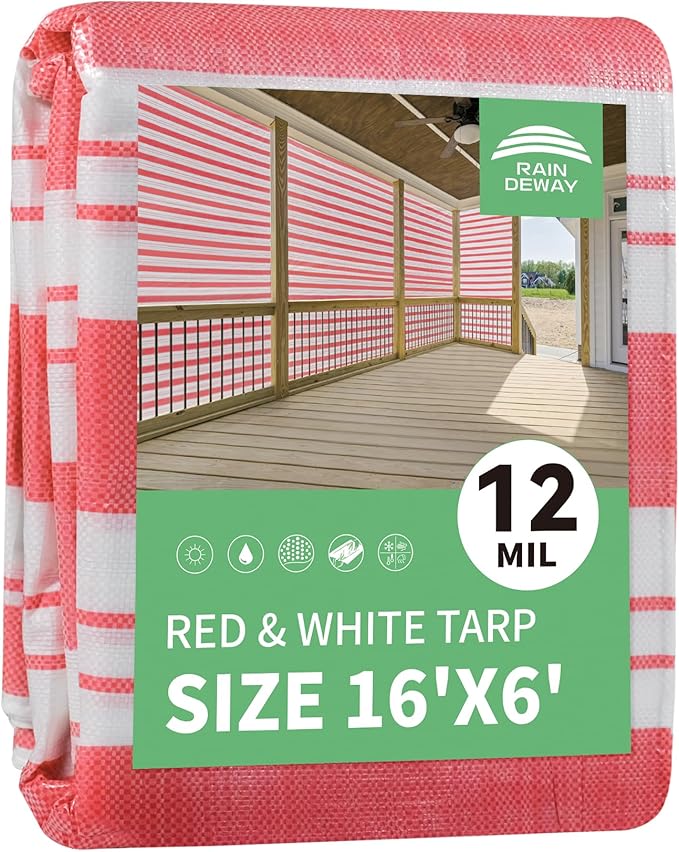 RAINDEWAY Tarps 6x16 Feet,12 Mil Sunshade Striped Tarp Waterproof,Multipurpose Poly Tarp Cover with Grommets and Reinforced Edges,Red/White Tarps