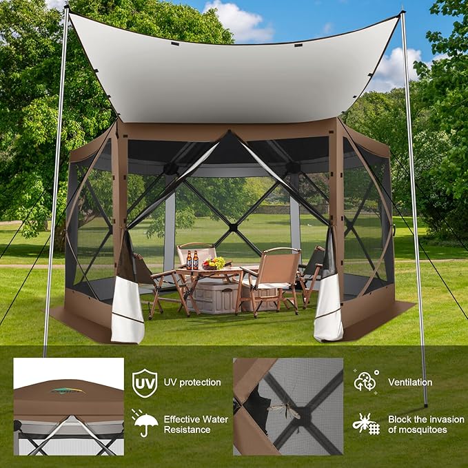 COBIZI 12x12 Pop up Gazebo Screen House Tent for Camping, Outdoor Canopy with Removable Roof&Mosquito Netting, Portable Hub with Carrying Bag and Ground Stakes, Brown