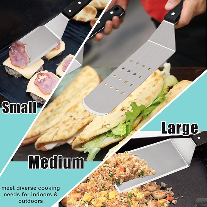 HaSteeL Metal Spatula Set of 5, Stainless Steel Grill Spatula & Griddle Scraper - Multipurpose Griddle Accessories for BBQ Hibachi Teppanyaki Flat Top Cooking, Riveted Handle & Dishwasher Safe