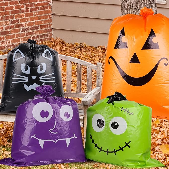 POPGIFTU 12 Pack Halloween Lawn Leaf Bags - Heavy Duty Plastic Trash Bags with Twist Ties, 6 Designs Large Pumpkin Yard Waste Bags for Garden, Lawn, Porch, Indoor Outdoor Halloween Decorations