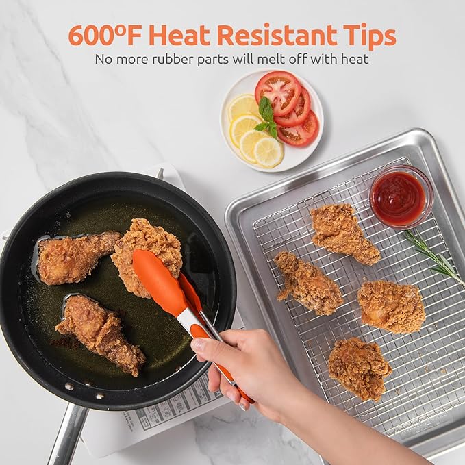 600ºF Heat Resistant Kitchen Tong: U-Taste 7 inch Silicone Cooking Tong with Firm Sealed Non Stick Rubber Tips & Silicon Coated 18/8 Stainless Steel Handle & Smooth Locking for Serving Salad (Orange)