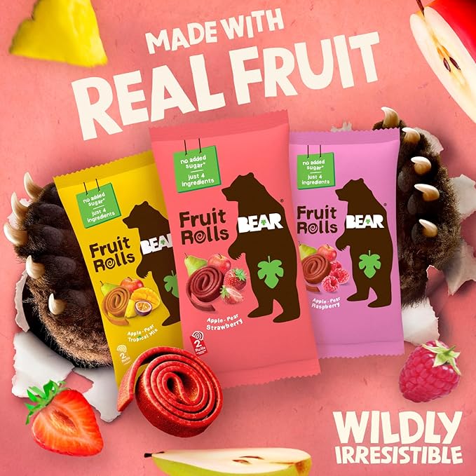 BEAR Real Fruit Snack Rolls - Gluten Free, Vegan, and Non-GMO - Variety Pack (Strawberry, Raspberry, Tropical)) – 48 Rolls, Healthy School And Lunch Snacks For Kids And Adults, 0.7 Ounce (Pack of 24)