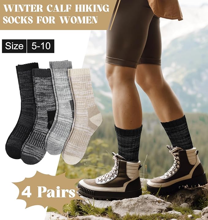 Justay 4 Pairs Merino Wool Socks for Women, Hiking Thermal Warm Winter Cozy Thick Boot Socks for Women Gifts