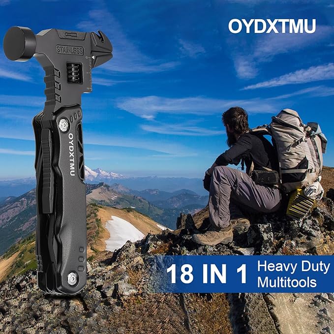Upgraded 16-in-1 Multitool Hammer,Camping Knife with Adjustable Wrench,Screwdriver,Wire cutter,Hammer,Bottle Opener,Multi Tool for Men(Black)