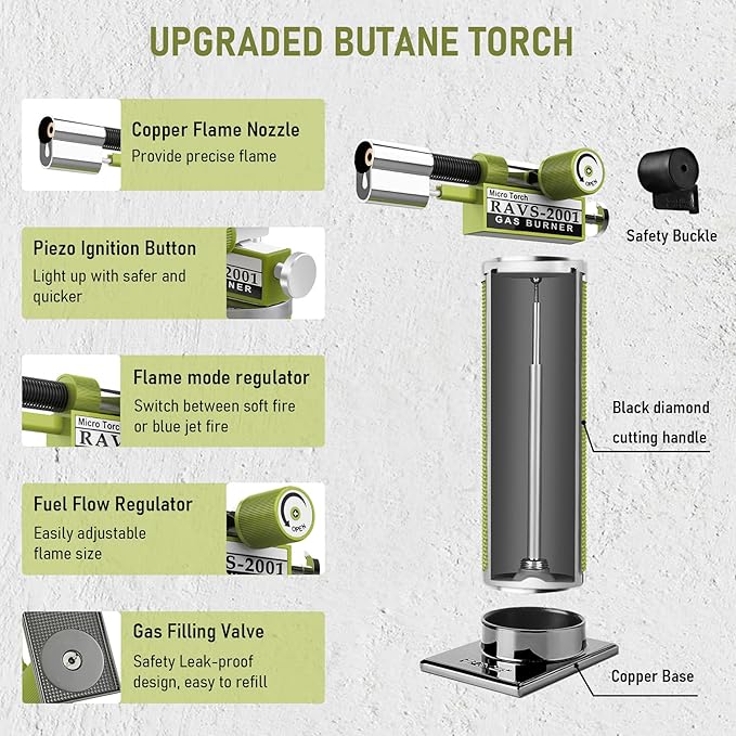 RAVS Butane Torch Lighter, DUAL Flame Mode Kitchen Torch Cooking Torches, Creme Brulee Torch lighters butane refillable, Mini Torch Micro Torch for Welding, Soldering Torch, Butane is Not Included
