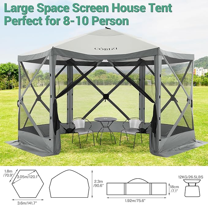 COBIZI 12x12ft Pop up Gazebo Screen Tent Screen House for Camping, Camping Outdoor Screened Gazebo with Mosquito Netting, Portable Hub Tent with Carrying Bag and Ground Stakes, Grey(Upgraded 2.0)