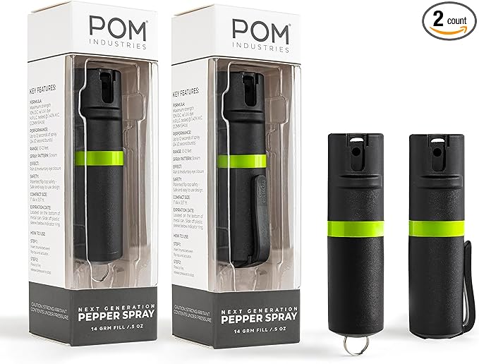 POM Pepper Spray Combo Pack Clip & Keychain - Maximum Strength OC Spray Self Defense- Tactical Compact & Safe Design - 25 Bursts & 10 ft Range - Stream Spray Pattern