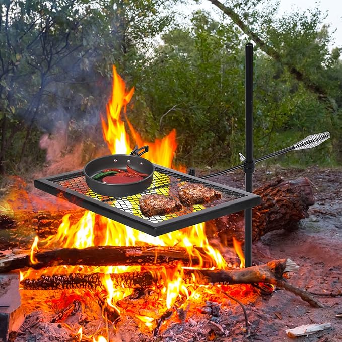 Lineslife Swivel Campfire Grill Grate, Adjustable Heavy Duty Steel Open Fire Grill Rack, Fire Pit Grill Grate Over Fire Pit with Carrying Bag for Outdoor Camping BBQ, Rectangle Black
