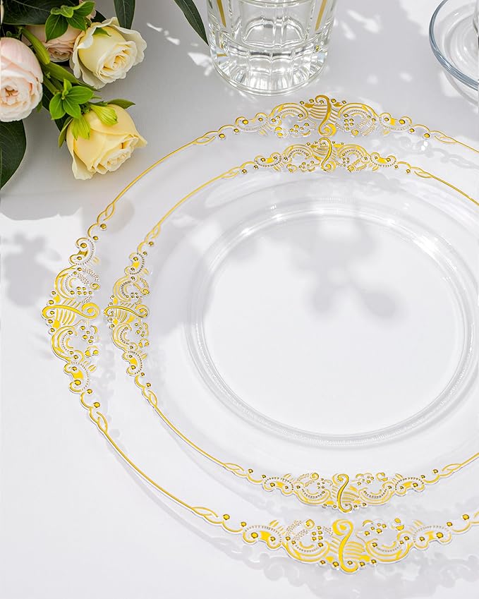 Nervure 100PCS Clear and Gold Plastic Plates - 10.25Inch Gold Disposable Plates - Heavyweight Dinner Plate for Wedding & Party & Thanksgiving