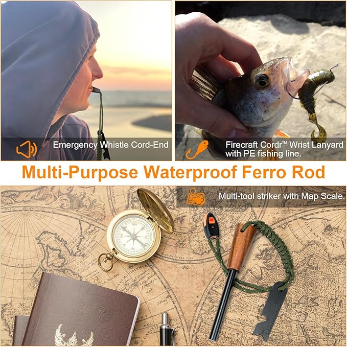 Fire Starter Survival Tool - Handmade Wooden Handle 3/8"" Thick Ferro Rod with Striker and Umbrella Rope Waterproof Iron Rod Flint and Steel Fire Starter Kit, Black