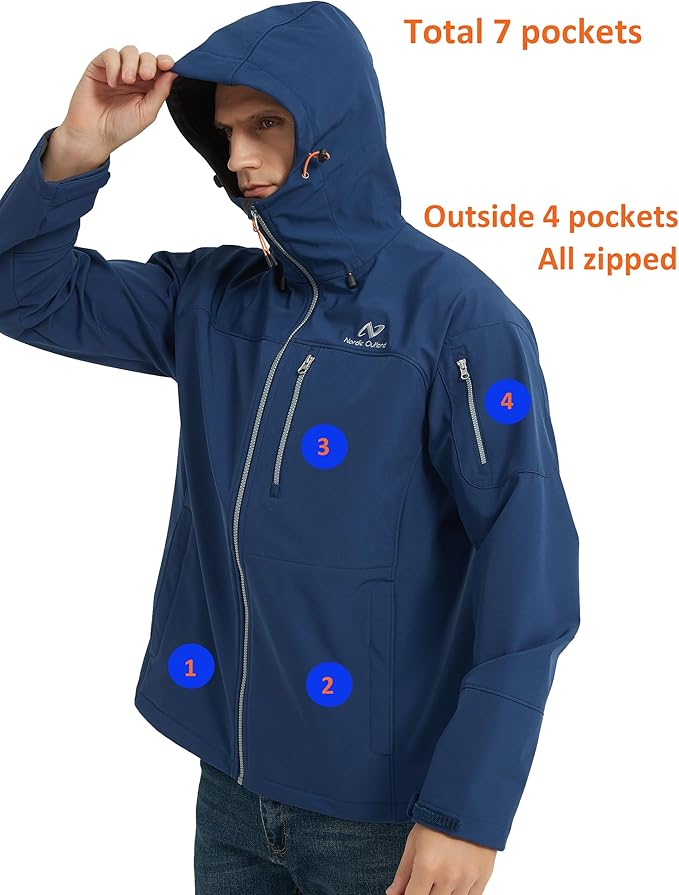 Men's Waterproof Softshell Rain Jacket, Hooded Windbreaker 7 Pockets, Lightweight Shell for Outdoor Activities