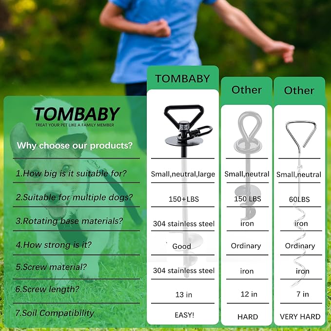 TOMBABY Dog Tie Out Cable and Stake,with 30FT Heavy Duty Cable,360° Swivel Dog Anchor& Anti-Tangle,Dog Runner for Yard,Dog Stake Allows Dogs Up to 150 lbs, Dog Stakes for Outside Beach,Camping, Yard