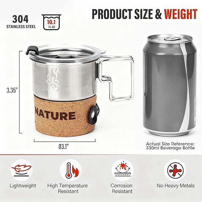 Alocs Camping Mug - Stainless Steel Travel Coffee Mug - Camping Coffee Mugs with Foldable Handle - 10 oz Camping Cup with Lids - Portable Travel Mug for Outdoor Backpacking Hiking Climbing Climbing