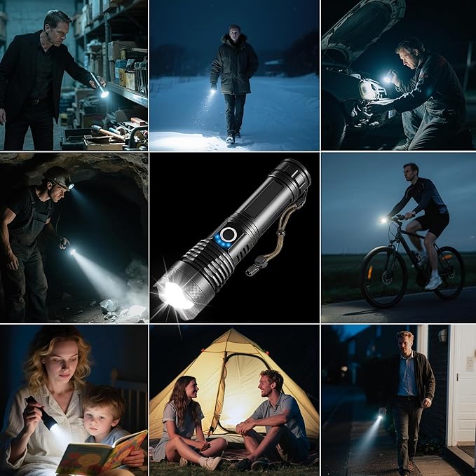 Rechargeable Flashlights High Lumens, Handheld LED Flashlights Powerful with 5 Modes,Waterproof Tactical Bright Fflash Light 9000 Lumens Battery Powered for Home, Emergencies, Camping, Hiking, 2 Pack