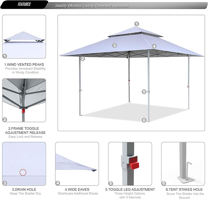 ABCCANOPY 13x13 Pop Up Canopy Base on 10x10 Canopy Frame with Double Ventilated Top, 4 Sandbags, 4 Ropes and 8 Stakes (White)