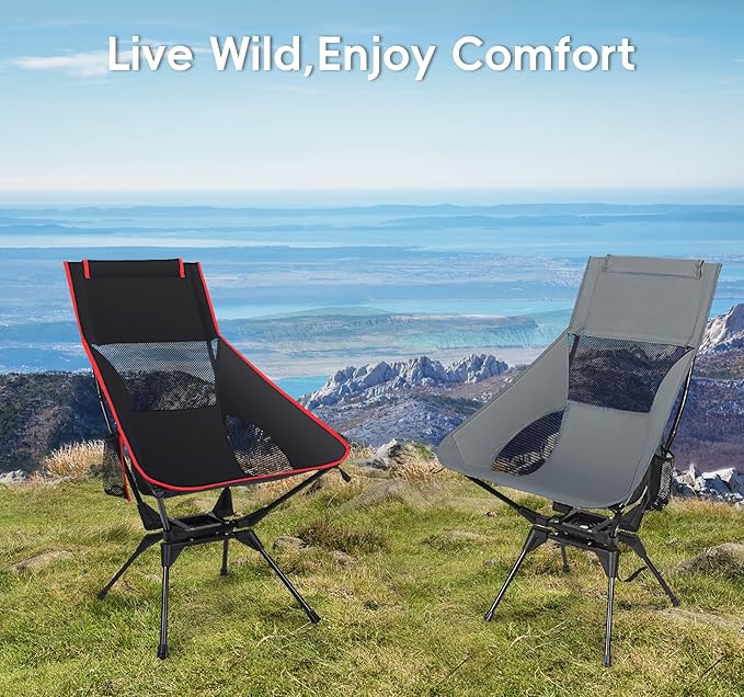 Swivel Camping Chair, High Back Folding Chair with Head Support, Side Cup Pocket, Stable Portable Outdoor Chair for Camp, Travel, Beach, Party, Fishing, Hiking, Backpacking, Black Red