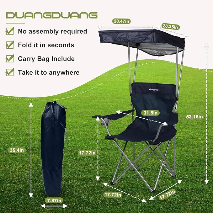 Camping Chair 2 Pack Portable Camping Chair with Canopy,Folding Chair with Canopy, Durable 600D Oxford Canopy Chair for Camping, Beach, Picnics, Fishing & Sports,NavyBlue