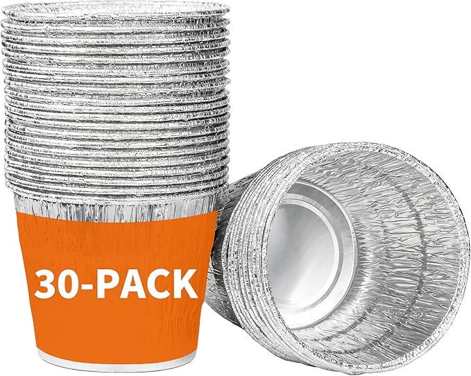 30-Pack Heavy-Duty Aluminum Grease Liners 5.1" Top Dia x 3.9" H | Disposable Drip Bucket Liners for Pellet Grills | Heat-Resistant Grill Accessories with Secure Fit Design