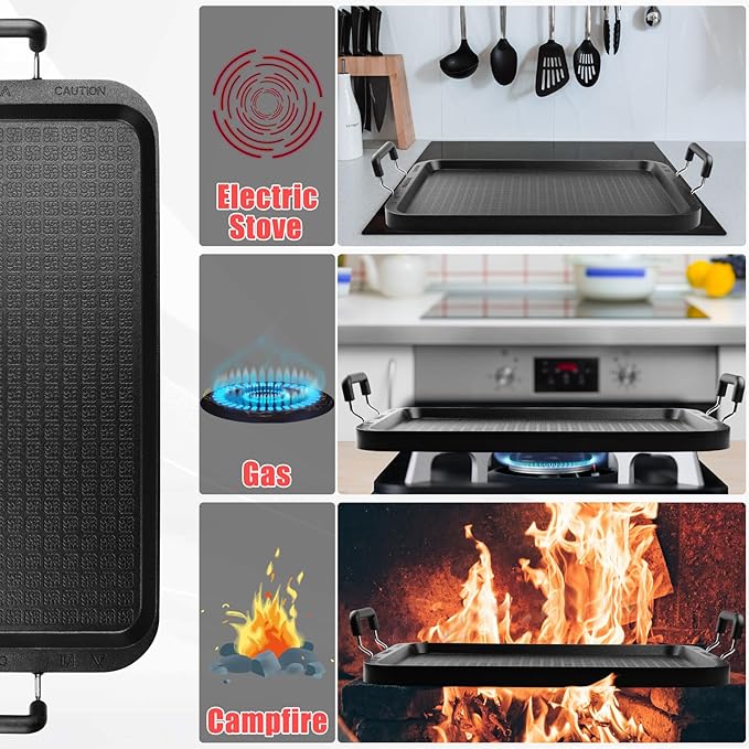 Vayepro 2 Burner Griddle Pan with Glass Lid, Nonstick Stovetop Griddle for Gas & Glass Cooktops, Aluminum Camping Grill Pan for Breakfast
