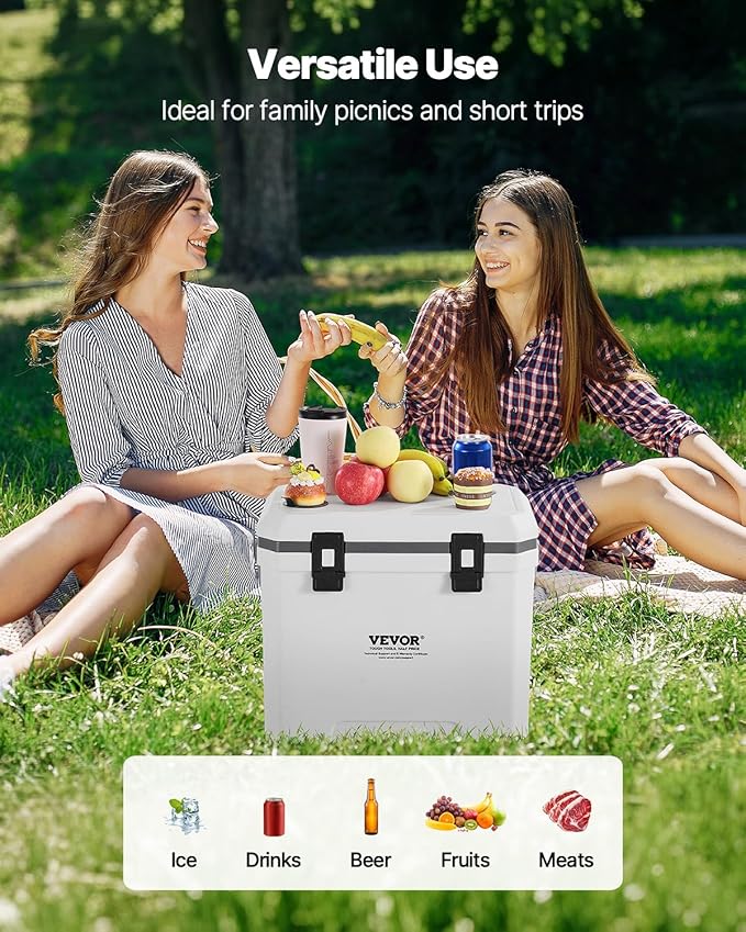 VEVOR Ultra-Light Hard Cooler, Ice Retention Cooler with Heavy Duty Handle, Ice Chest Lunch Box for Camping, Travel, Outdoor, Keeps Cool for up to 6 Days, 30% Lighter Than Rotomolded Coolers